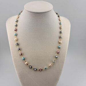 Multicolor Evil Eye Station Necklace Gold Tone Enamel Nazar Charm Link Chain 18"
